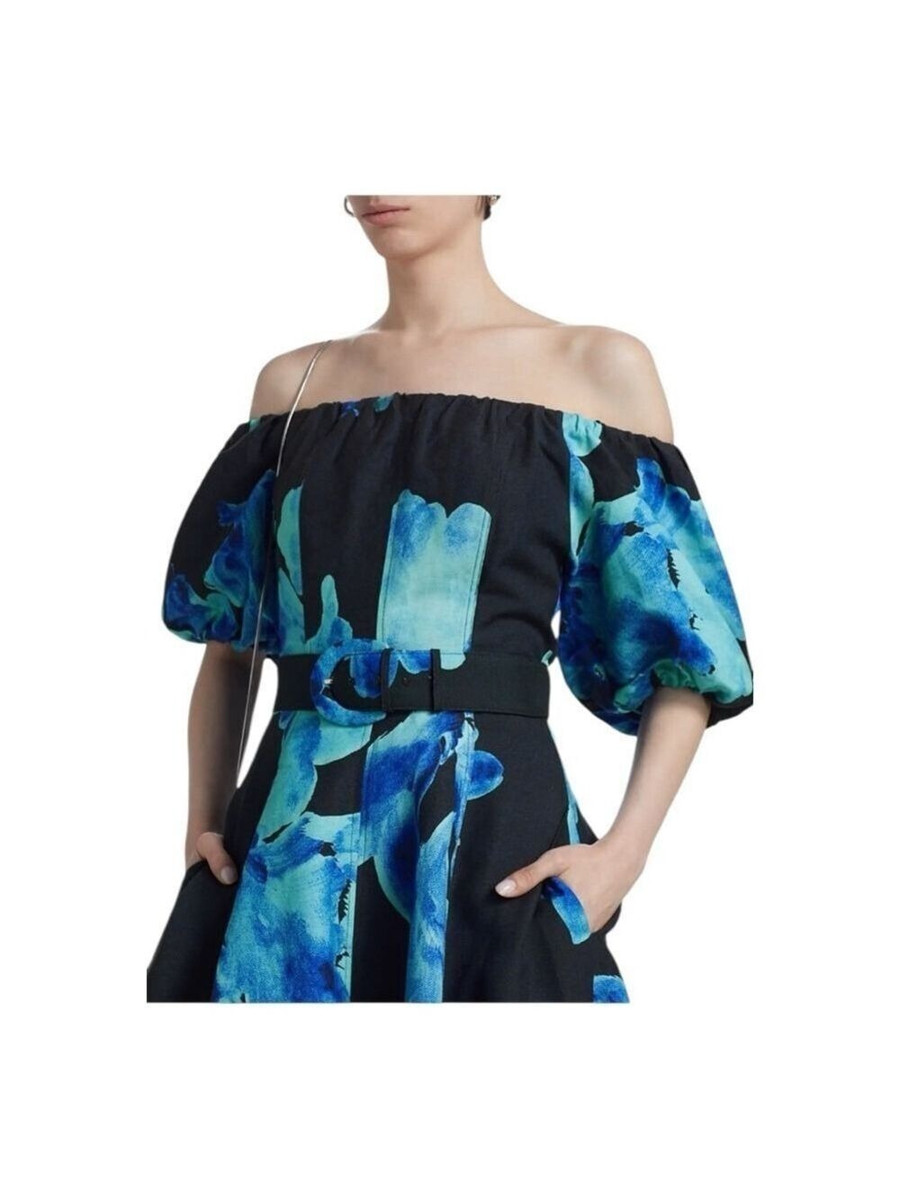 Nicholas the Label Blue Santha Floral Off-the-Shoulder Midi Dress Size 6 - Picture 6 of 13
